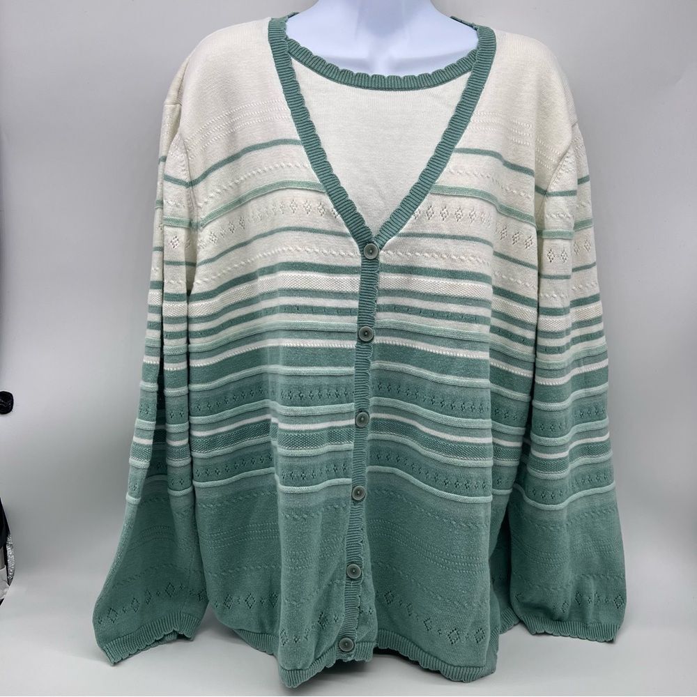 Alfred Dunner Green and Cream Striped and Textured Knitted Cardigan w/Dickie-2X